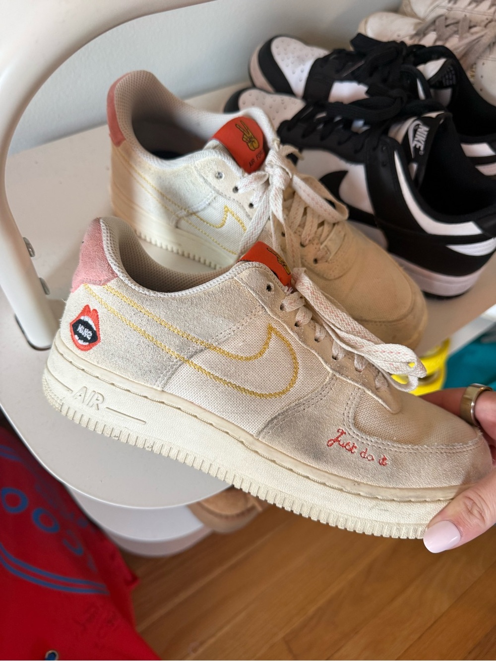 Nike AF1 Women’s Cream & Pink Canvas Sneakers - 'Just Do It' Accent
